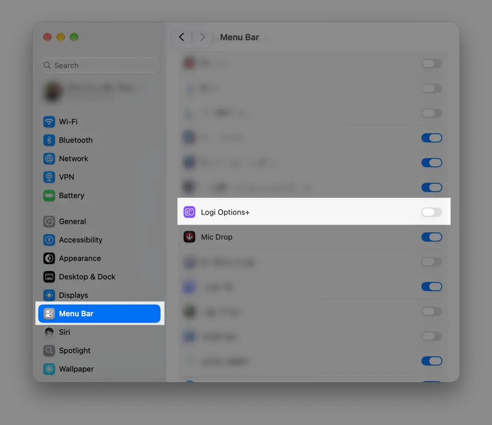 macOS Menu Bar settings > Logi Options+ disabled