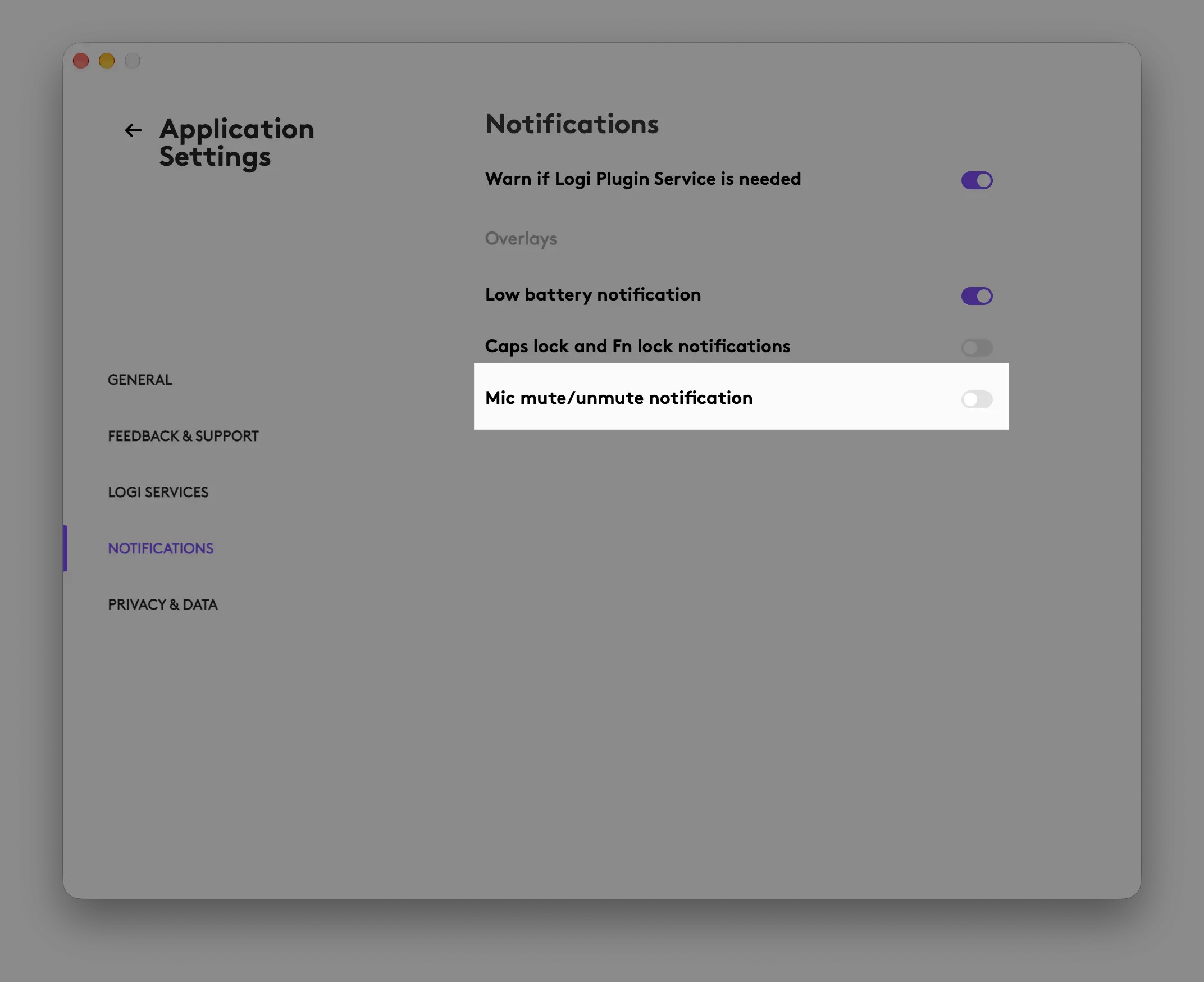 Logi Options+ settings > Mic mute turned off
