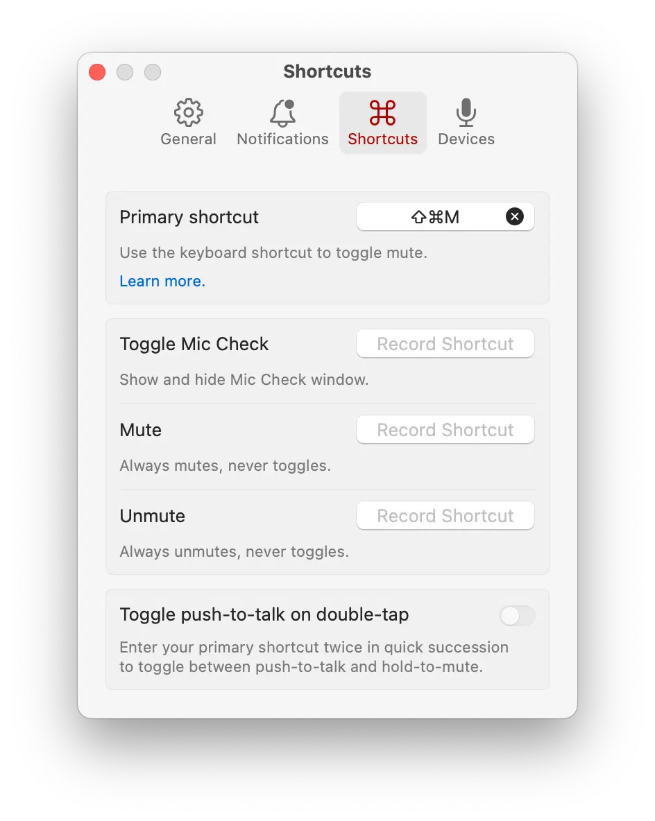 Mic Drop Shortcuts settings UI.