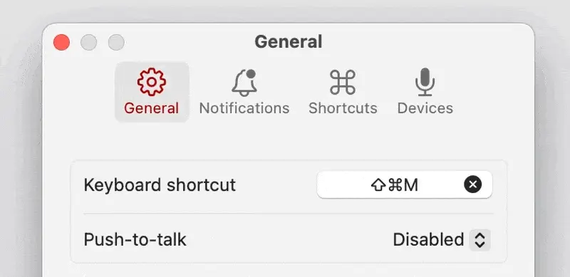 Top of the General settings, with the “Keyboard shortcut” field set to Shift-Command-M